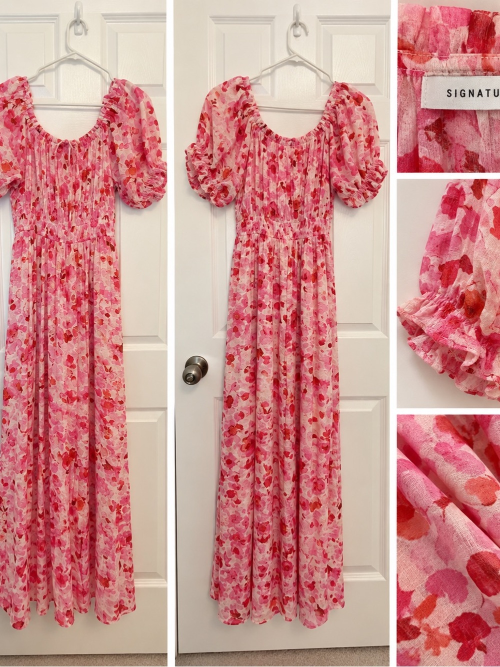Signature Pink and Coral Floral Maxi Dress with Puff Sleeves